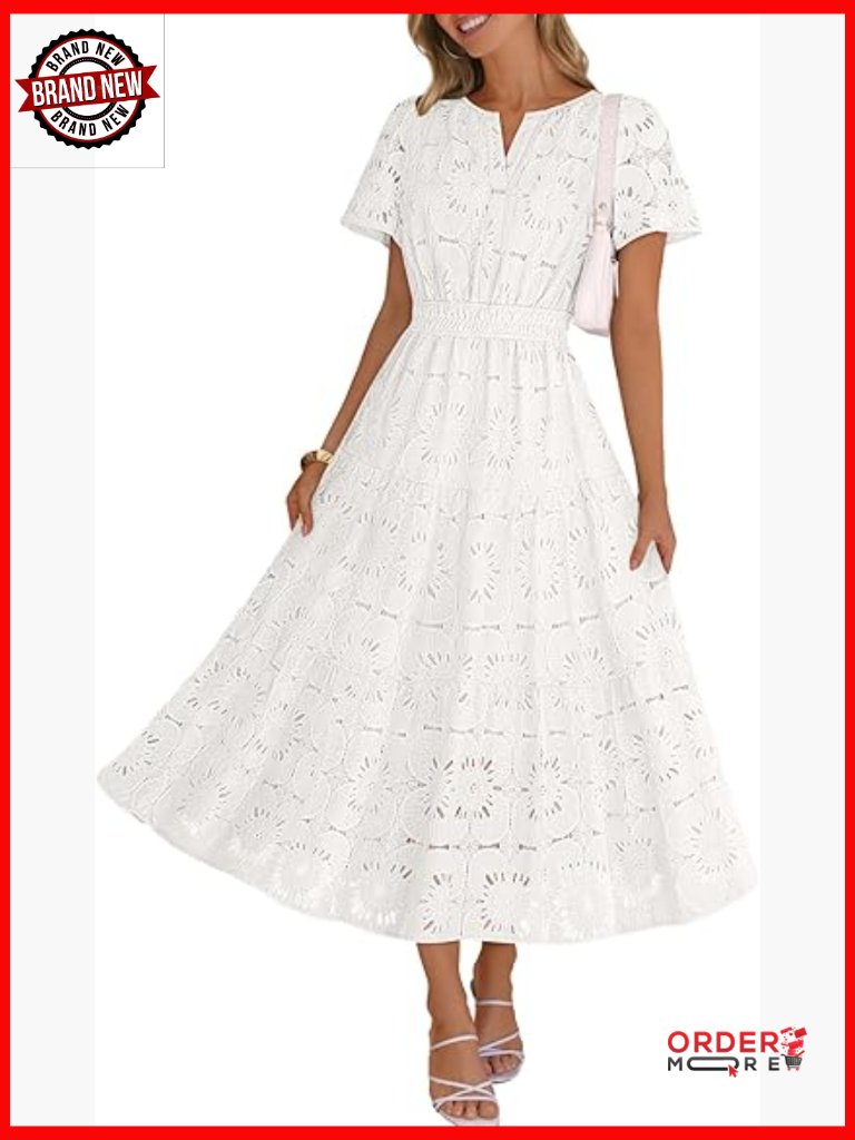 Boho Eyelet Lace Tiered Maxi Dress Short Sleeve Flowy Summer